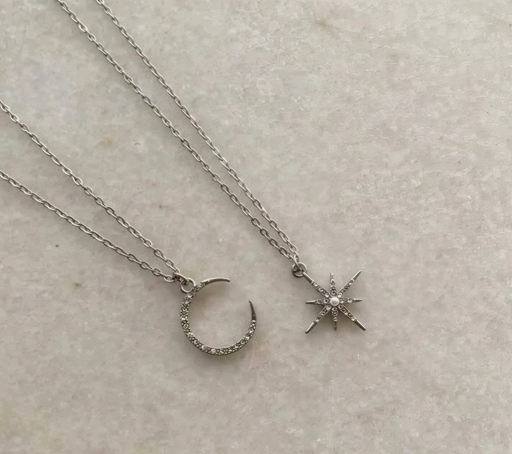 Moon & Star Pendant Necklace Set for Women | Minimal Aesthetic Crystal Design | Elegant Silver Daily Wear Jewellery
